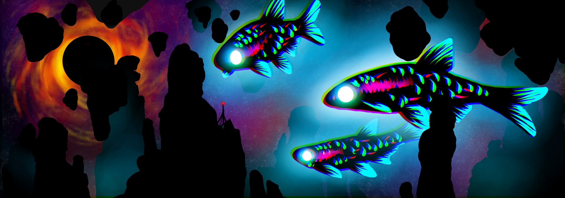 ID: A school of astral, vivid-colored fish swimming within a ruined landscape of a world orbiting a black hole.