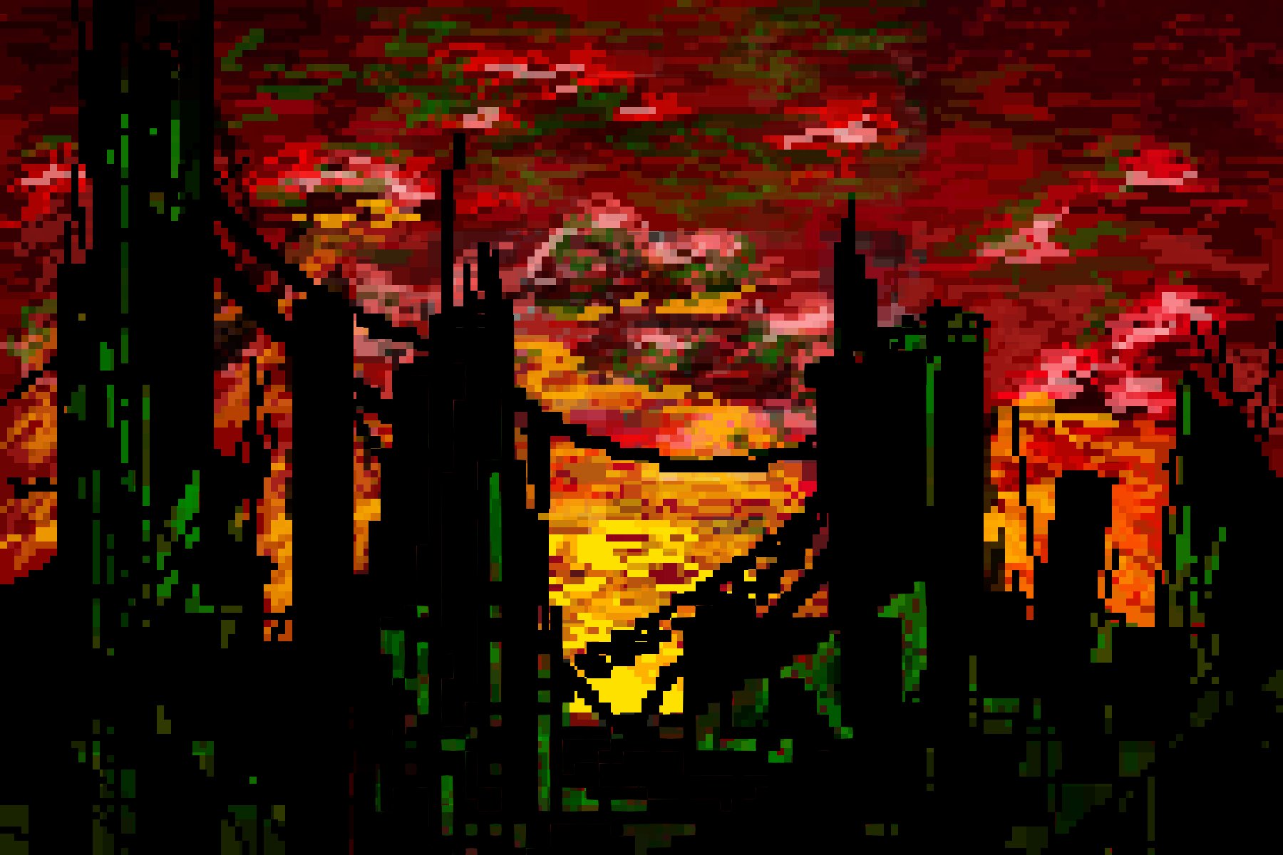 ID: pixel art of a landscape of a ruined city. the skyscrapers are black with the occassional green and the sky decipts sunset or sunrise, yellow and orange at the bottom and red throughout, with reddish clouds and a touch of green.